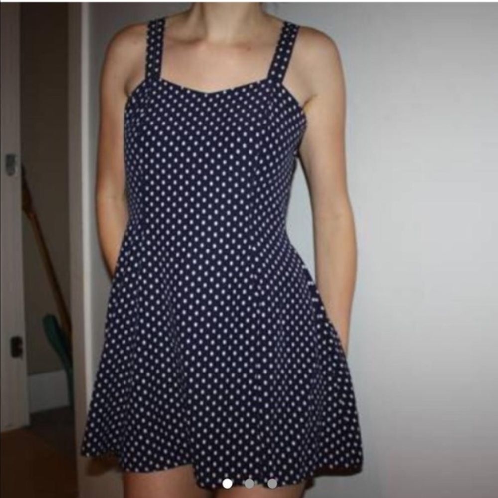 Vintage 90s Navy Blue Polka Dot Double Strap Babydoll Mini Dress XS S 0 2 Womens